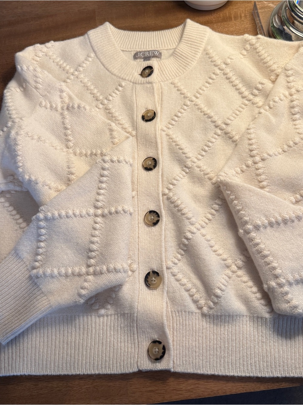 JCrew Popcorn-stitch cardigan in vintage wool, Ivory, Size Large - Picture 3 of 8